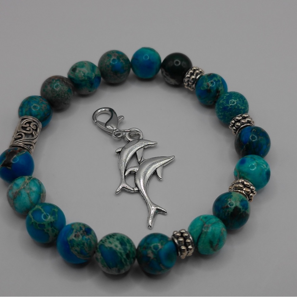 Blue Green Jasper with Opalite Gemstone Bracelet with Silvery Dolphin Charm